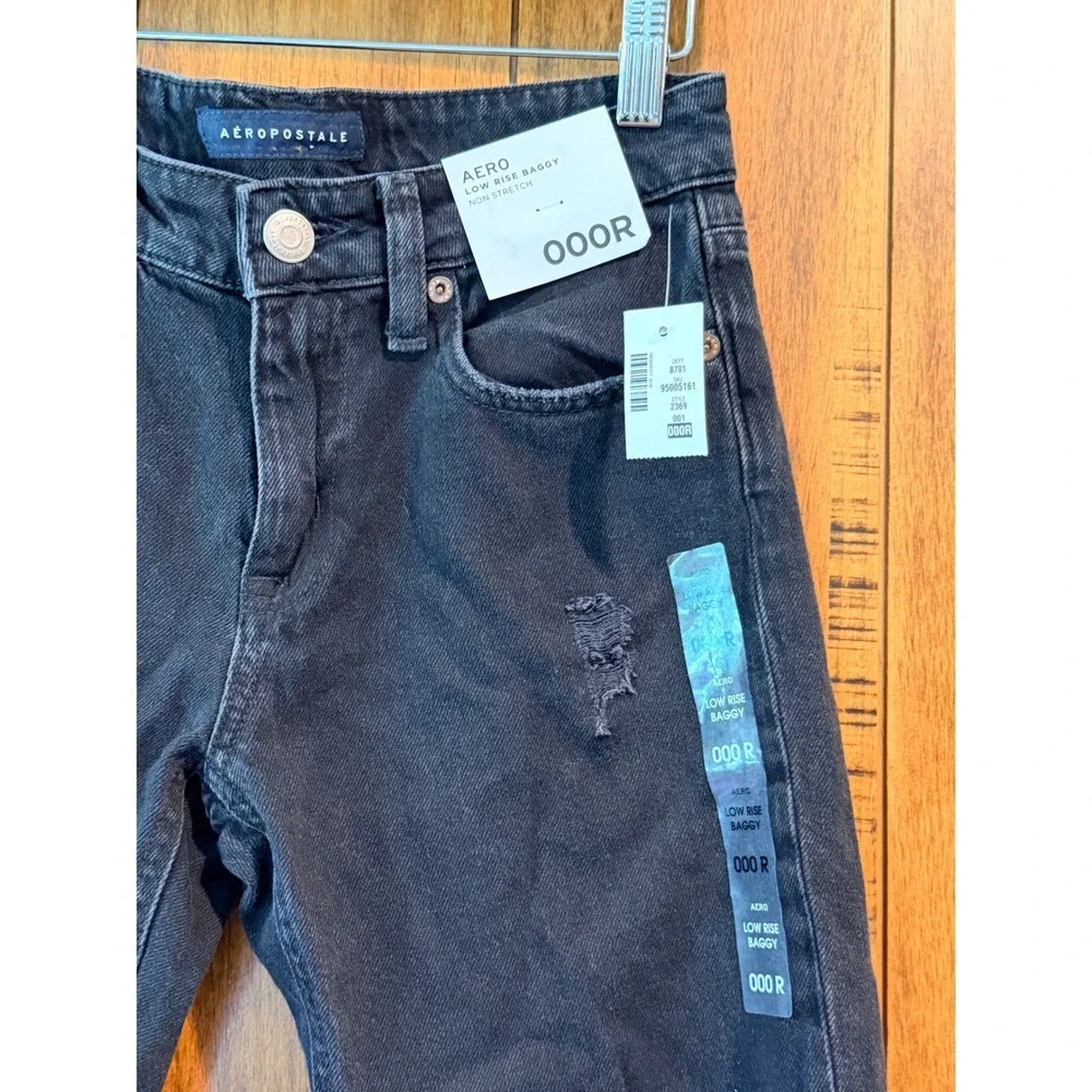 Aeropostale Low Rise‎ Baggy Distressed Jeans Size 000R Black Non Stretch Denim